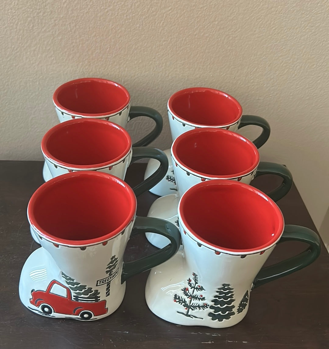 Potters Studio Set Of 6 Boot Shaped Whimsical Christmas Tree Red Truck Cup Mug