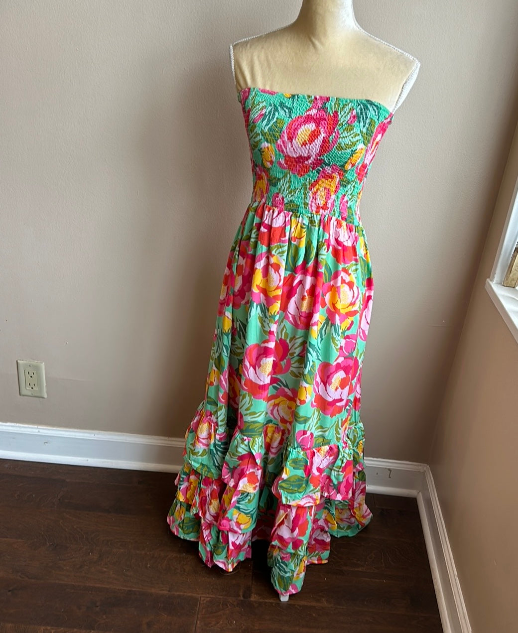 Abel the Label Anthropologie Mimosa  Maxi Dress M Smocking Strapless New Floral