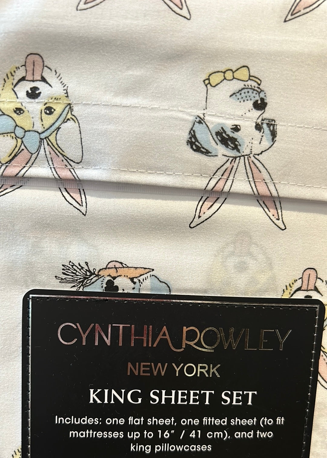 Cynthia Rowley King Sheet Set Dogs With Bunny Ears Easter Spring New