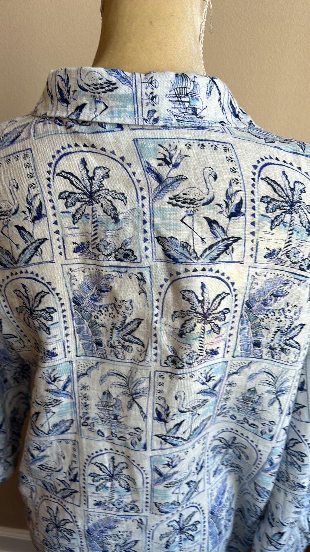 C & C California Womens Linen Shirt Palm Trees Flamingo NWT sz M Blue White