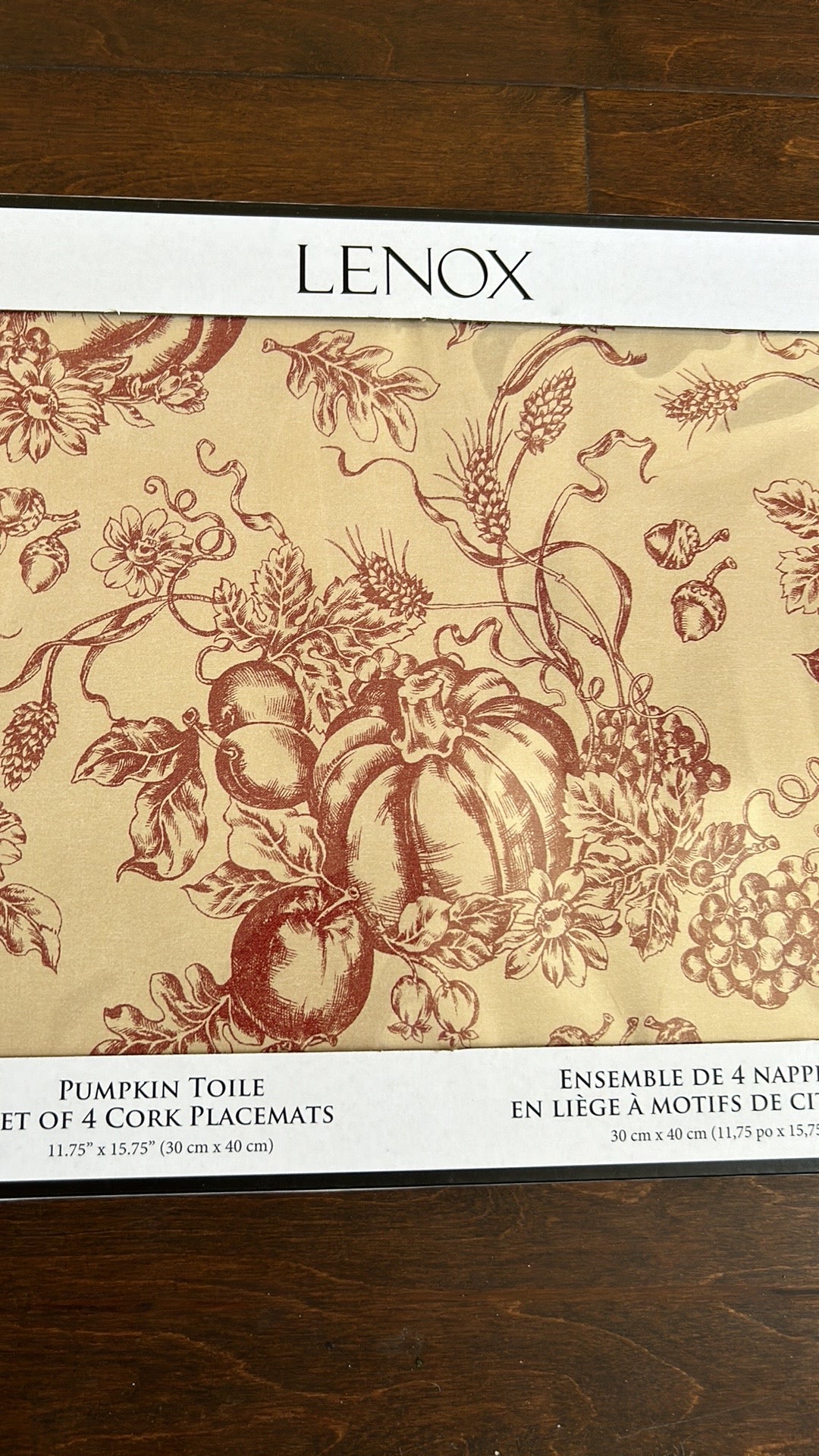 Lenox Set Of 4 Placemats Pumpkin Vine Toile  Cork New Fall Thanksgiving