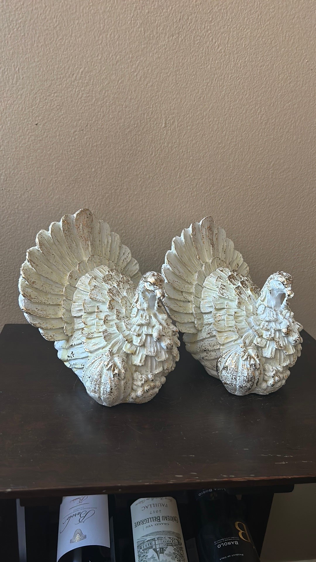 Set Of 2 Off & Gold Turkey Figurines Fall Thanksgiving New