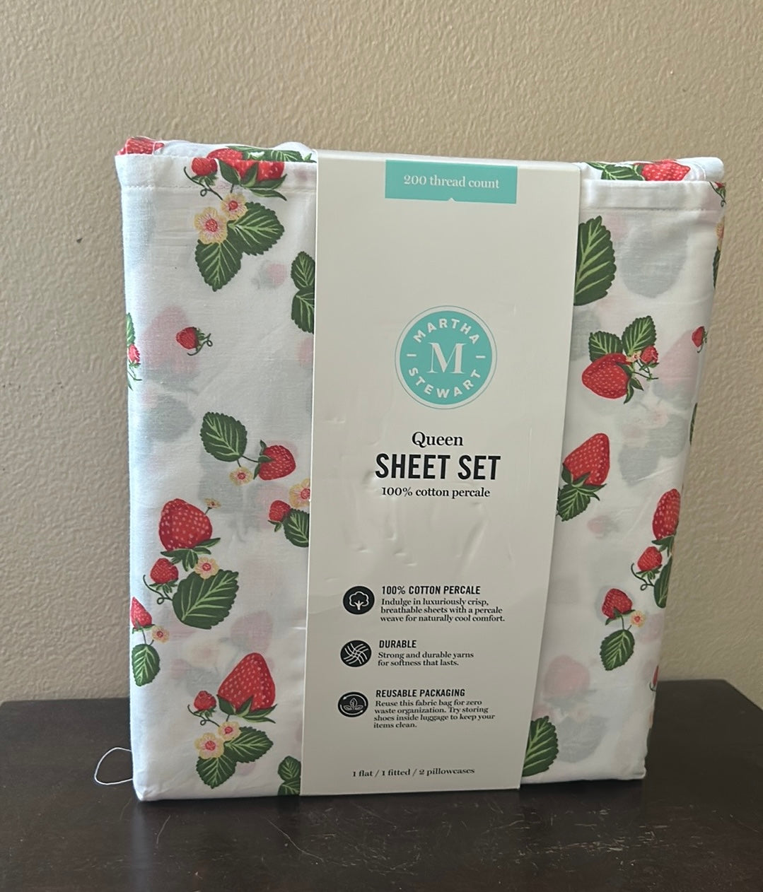 Martha Stewart Strawberry Print Queen Sheet Set New Cotton