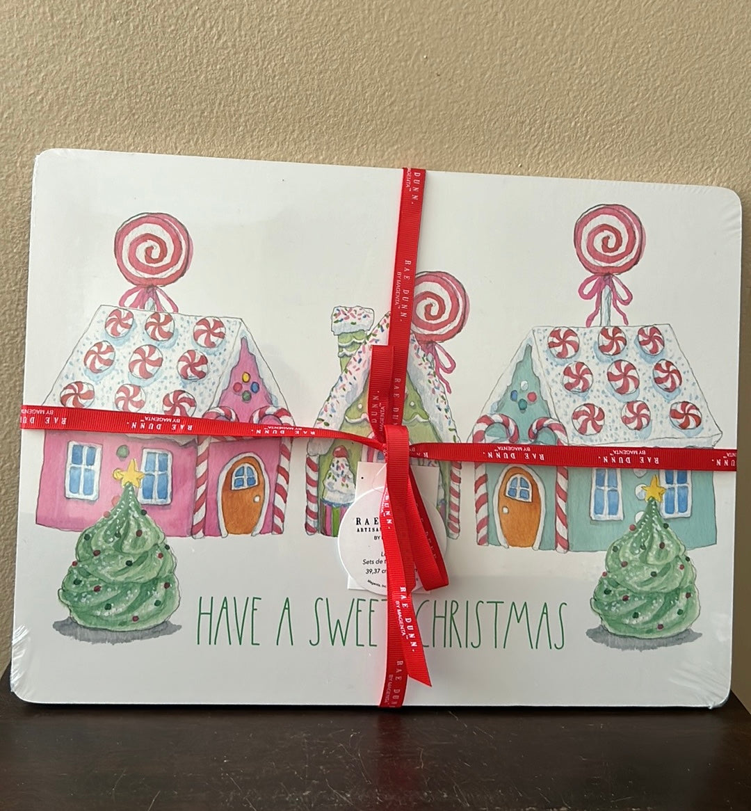 Rae Dunn Set Of 4 Christmas Placemats New Gingerbread House Peppermint