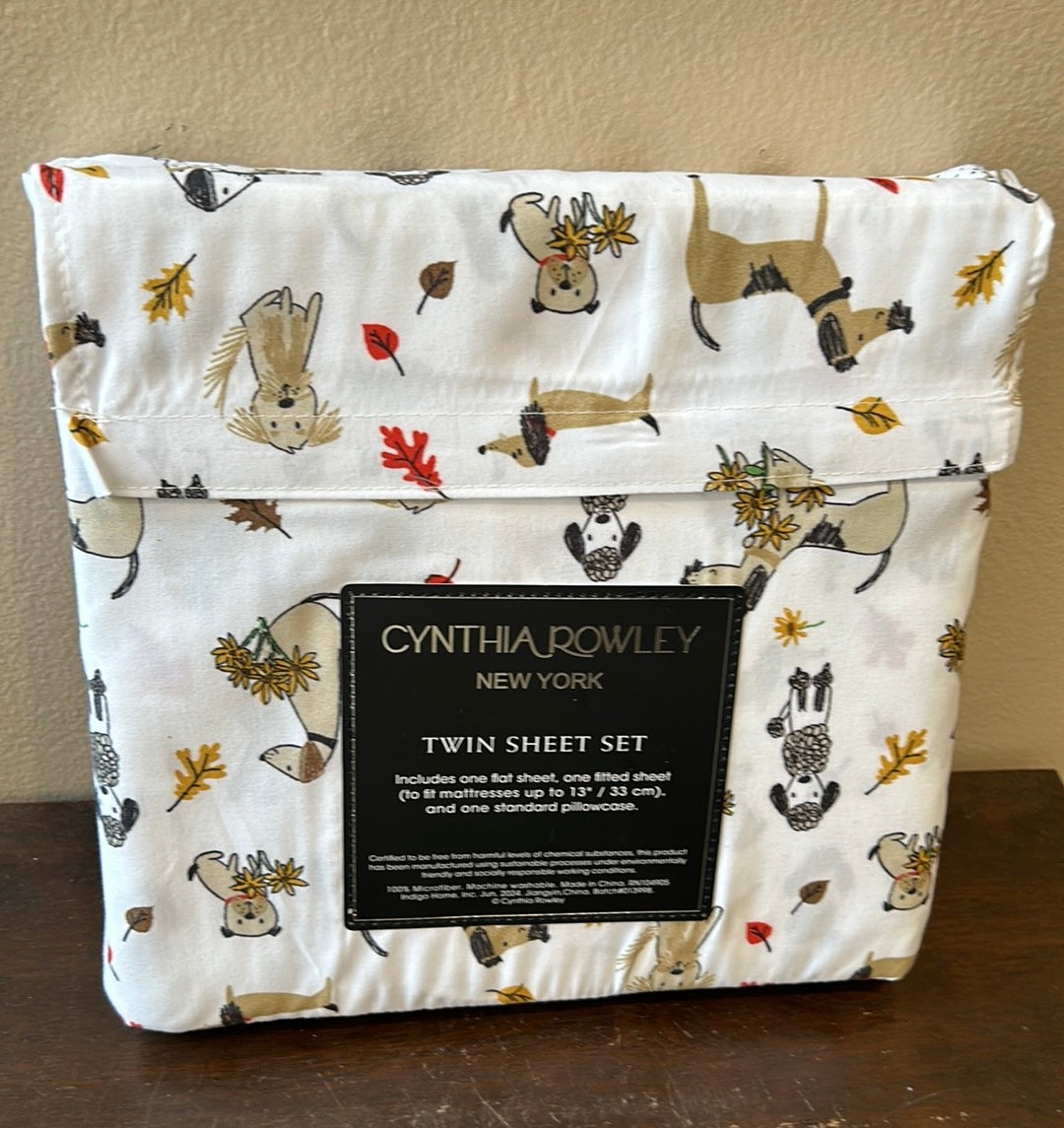 CYNTHIA ROWLEY Twin Sheet Set  Dogs Fall Leaves Microfiber