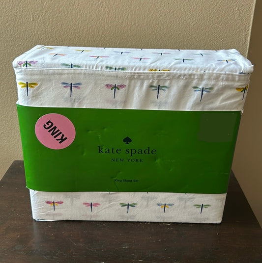 NEW KATE SPADE King  Sheet Set 4 Pc Colorful Dragonflies Cotton Percale