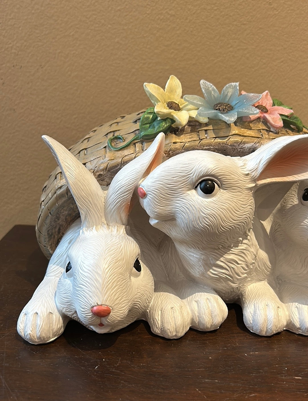 3 Cute Easter Bunnies In A Basket Light Up Figurine New