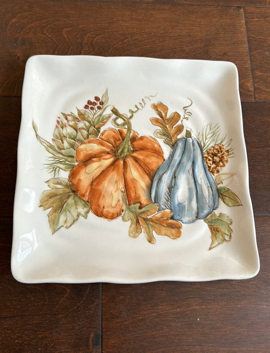 Set Of 6 Pumpkin Fall Leaves Salad Plates Ceramic Square 8 1/4” New
