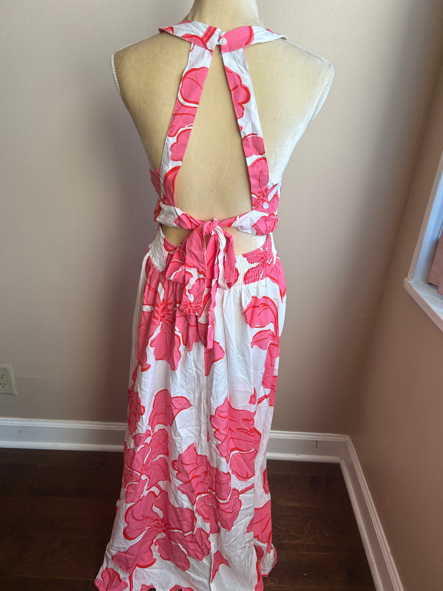 Abel the Label Anthropologie Paloma Maxi Dress NWT White Pink Sexy Back