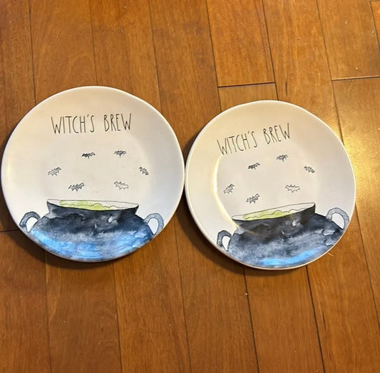 Rae Dunn Set Of 2 Witches Brew Salad Plates New Bats Cauldron