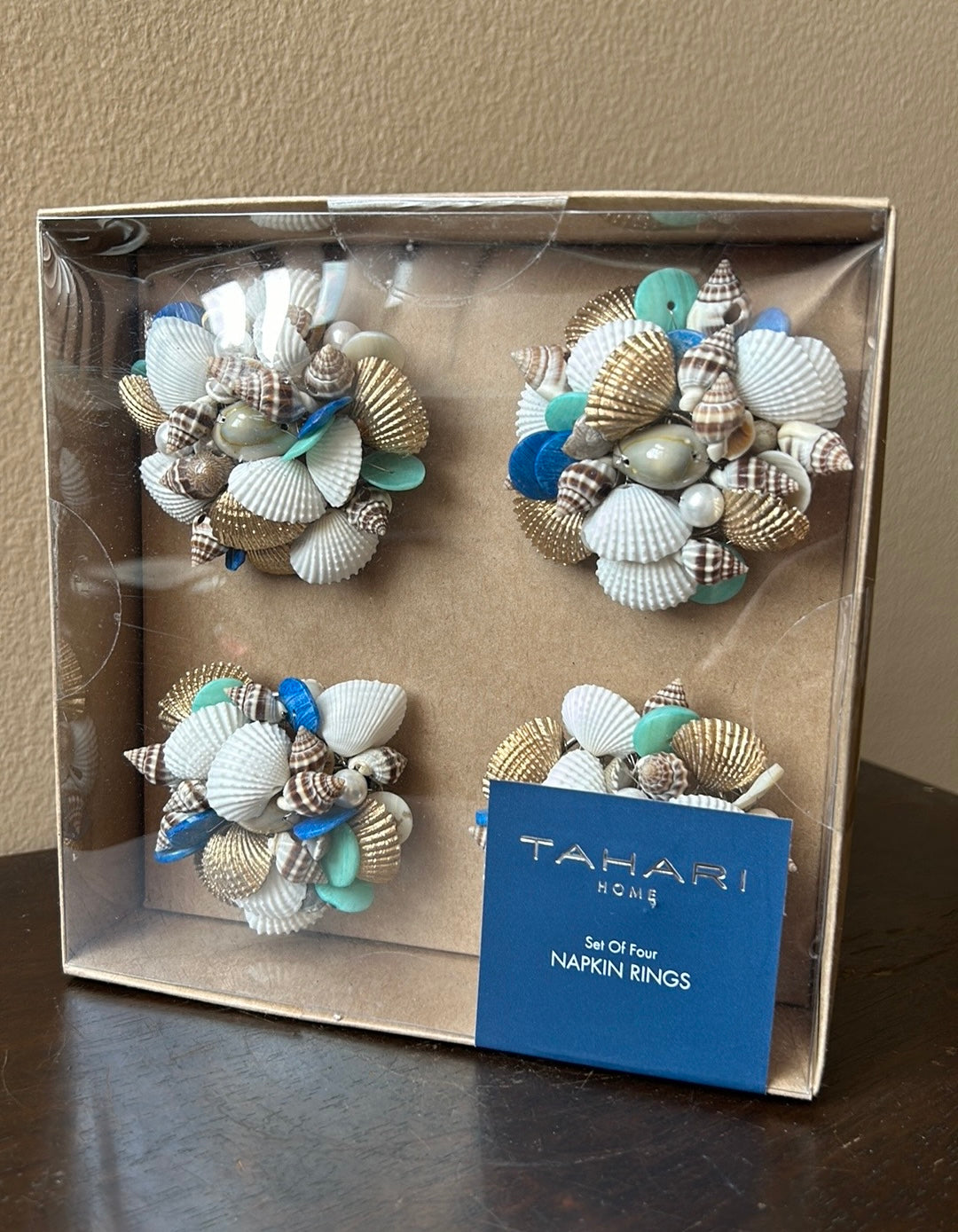 Tahari Home Napkin Rings Shells Pearls Blue Set Of 4 Summer Coastal Nautical