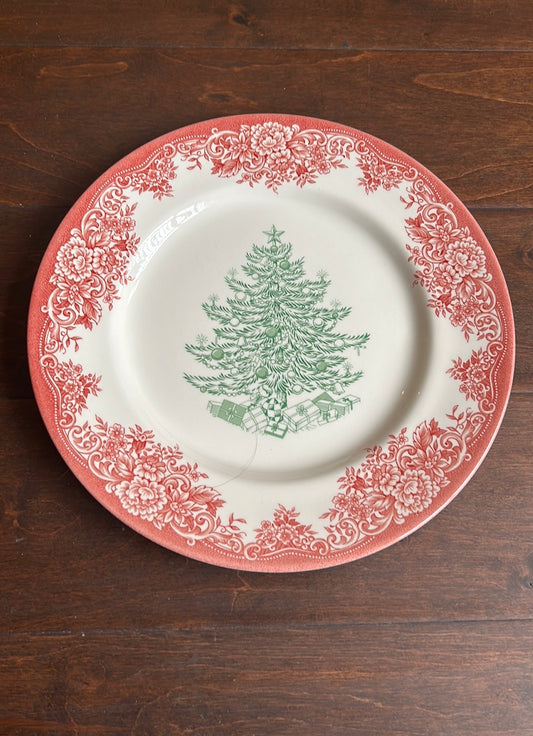 Royal Stafford Green Christmas Tree DINNER Plates with Red Border New Set of 4