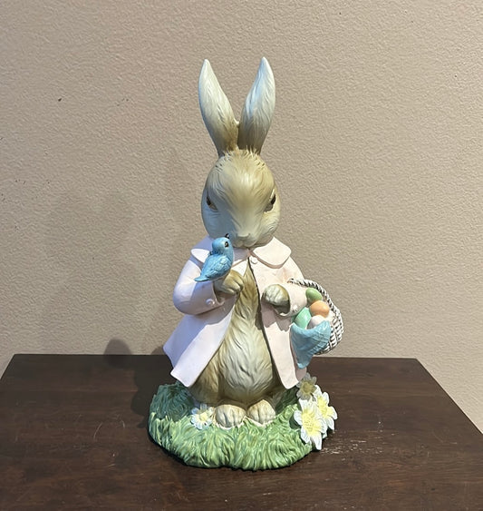 Cute Easter Bunny Rabbit With Egg Basket And Bird On Hand New Figurine 12”