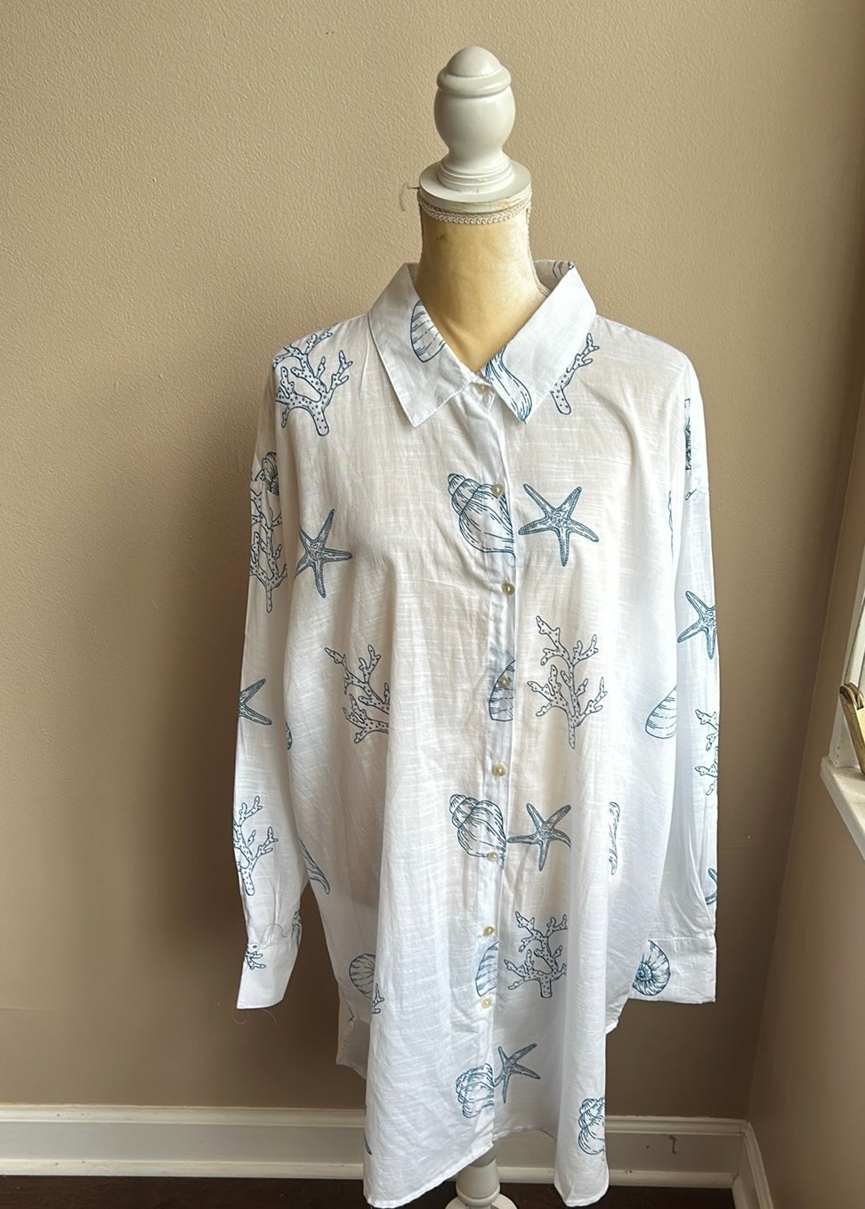 Blue Island Womens Coverup White Blue Tunic Style Plus sz 2X Starfish SeaShell