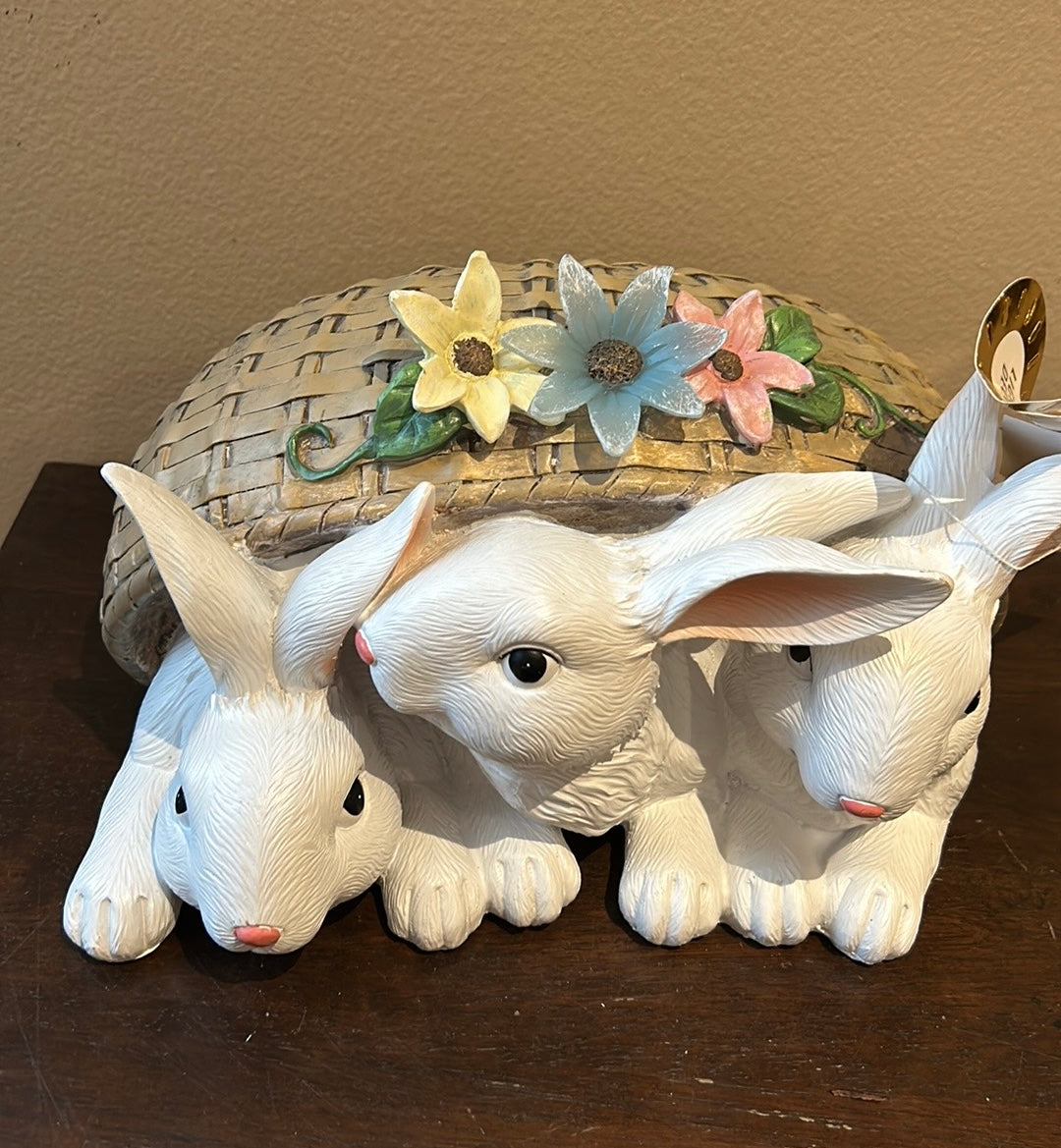 3 Cute Easter Bunnies In A Basket Light Up Figurine New