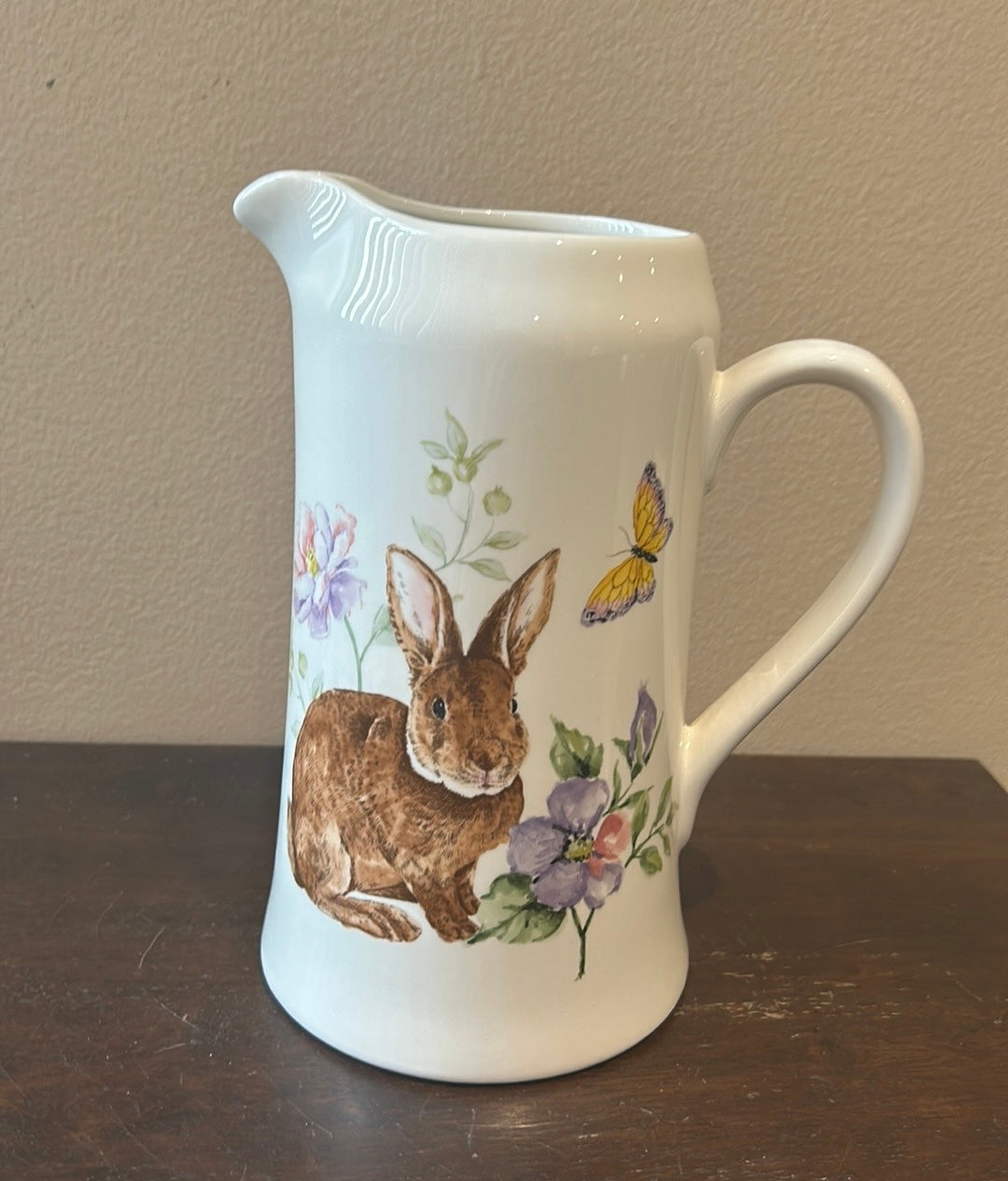 Cute Easter Theme Bunny Pitcher New Floral Lilac Spring Vase 13” Tall