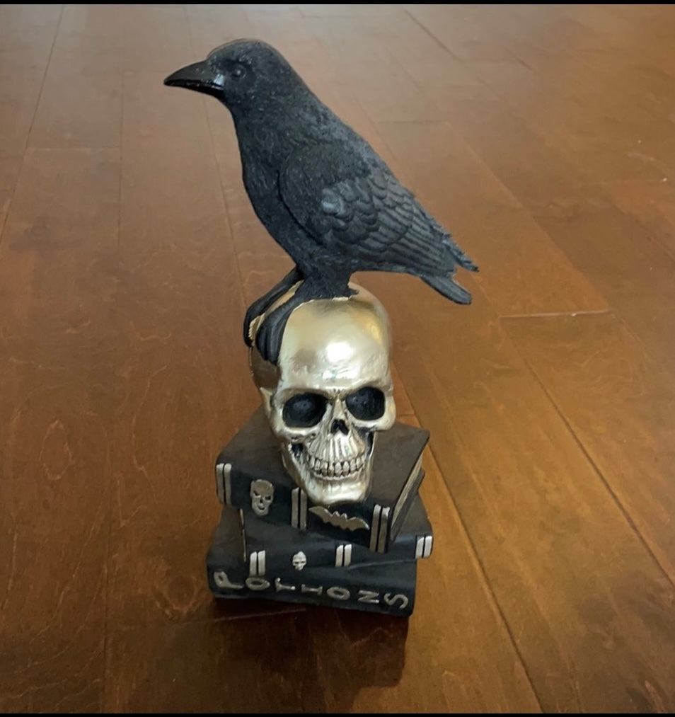 Halloween Black Crow On Skull Head Spell Book 14” Tall