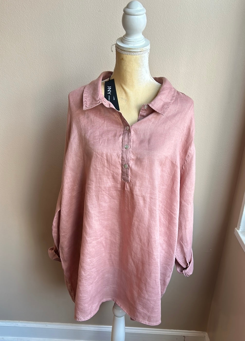 Jones New York Women Plus 3X Linen Blouse Top Rolled Cuff Sleeve Nwt Dusty Rose