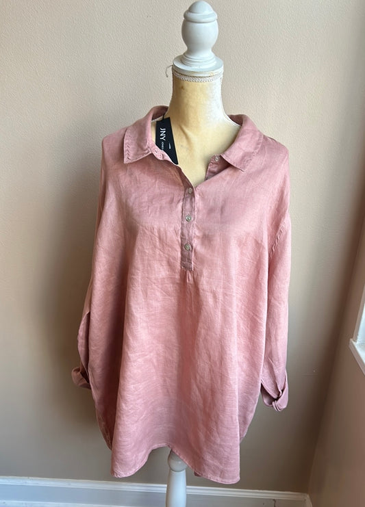 Jones New York Women Plus 3X Linen Blouse Top Rolled Cuff Sleeve Nwt Dusty Rose