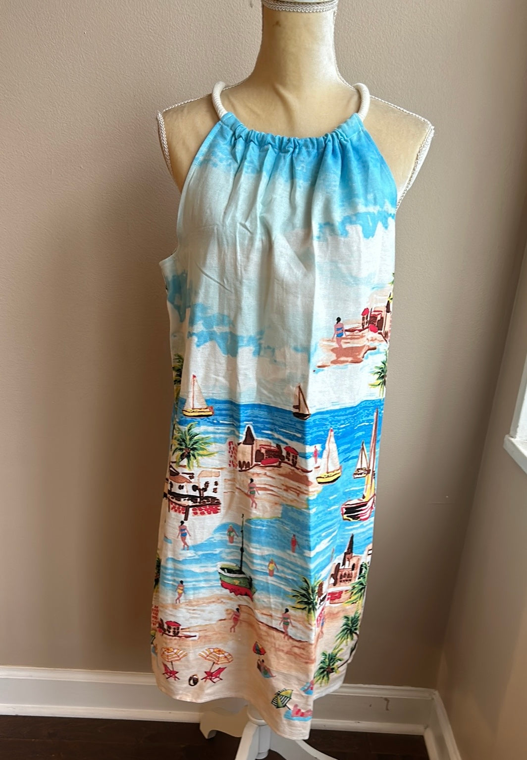 London times Womens Sun Dress New Sz 14 Beach Sailboats New Linen Rayon