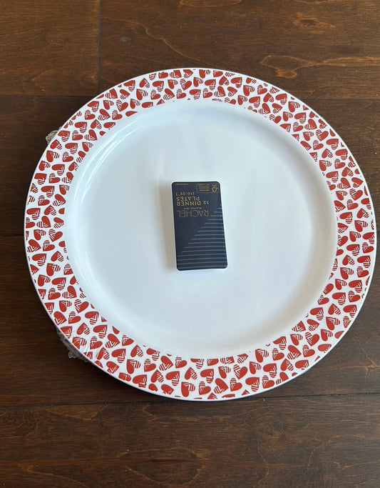 Rachel Ashwell Set Of 12 Round Heart  Plates New Plastic Red White Valentines