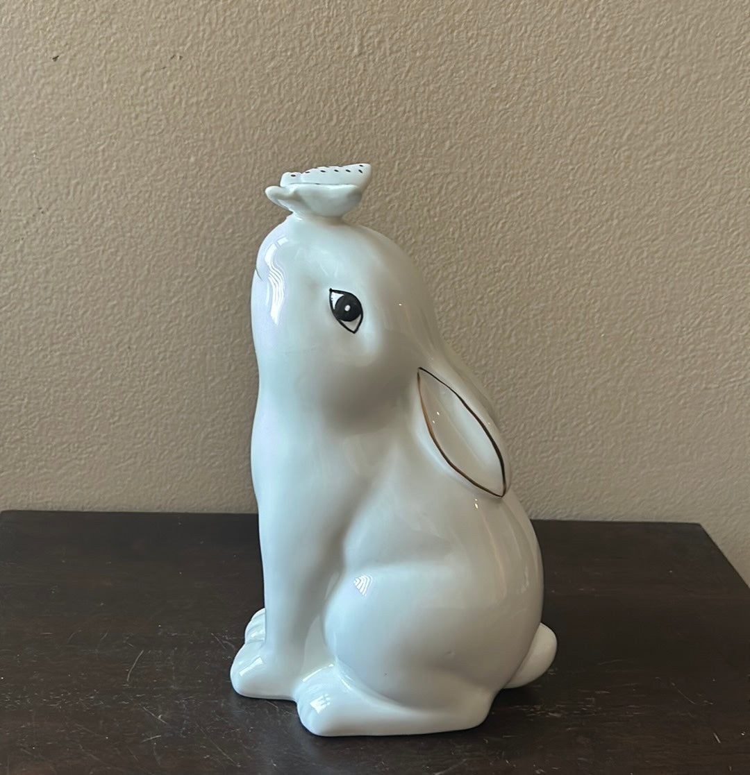 Cute White Easter Bunny Kissing Butterfly Figurine Spring Decor New Ceramic 9”