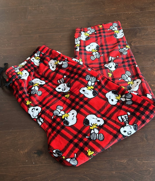 Snoopy Men’s Christmas Pajama Pants Plush New Red Plaid Sz XL