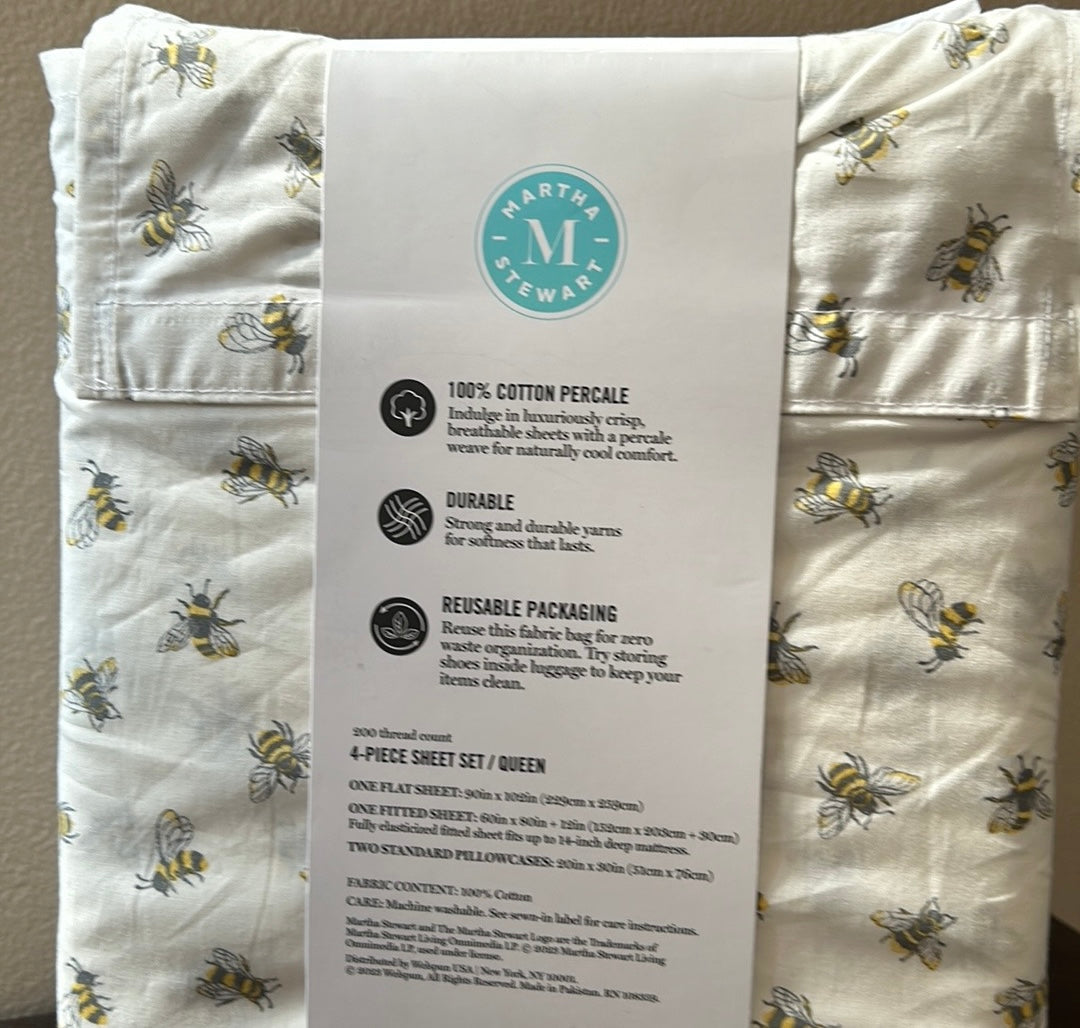 Martha Stewart Bumblebee Print Queen Sheet Set New Cotton