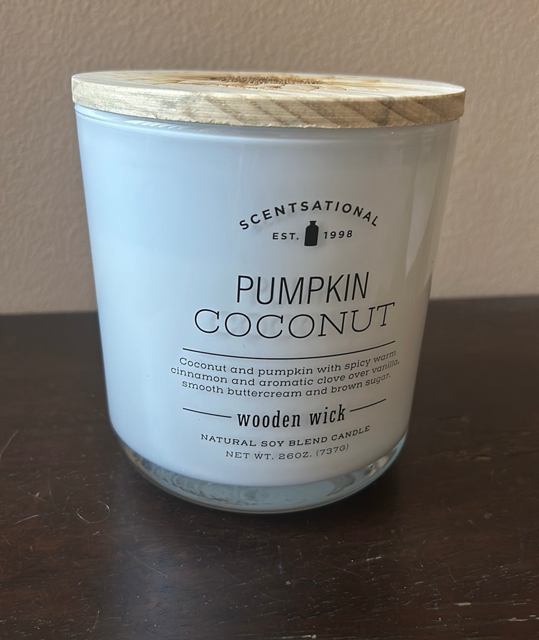 Scentsational Pumpkin Coconut Candle Glass Jar 26oz Wood Wick Soy Blend Wax