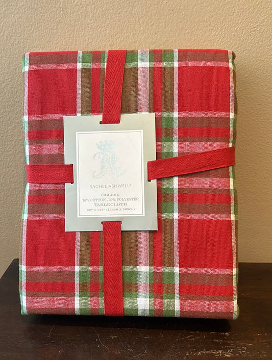 Farmhouse Rachel Ashwell Christmas Red Green Tablecloth Plaid 60”x144” Oblong