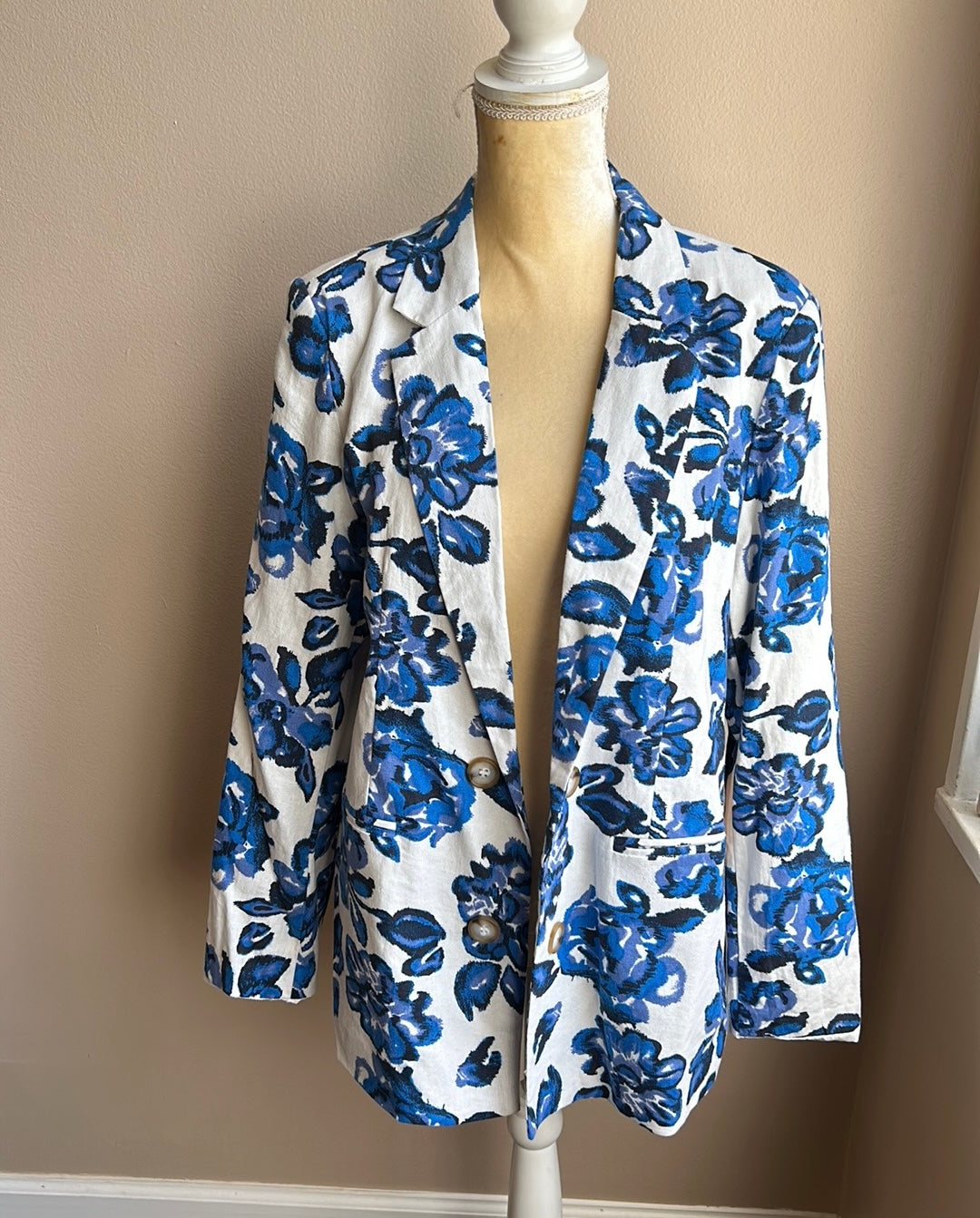 H Halston Womens Blue White Linen Blend Blazer Front Open Floral Sz XL New