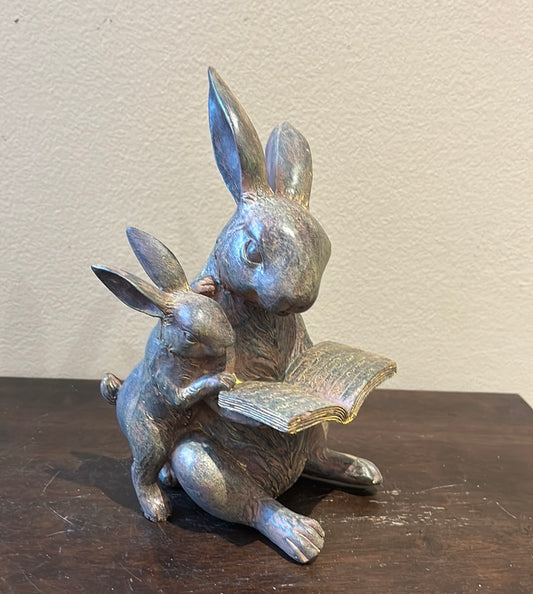 Cute Mama And Baby Bunny Reading A Book Easter Decor Figurine New 9.5” Tall