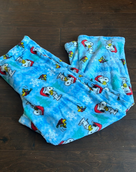 Peanuts womens Christmas Trees Snoopy Snowflakes Plush Pajama Pants New Blue