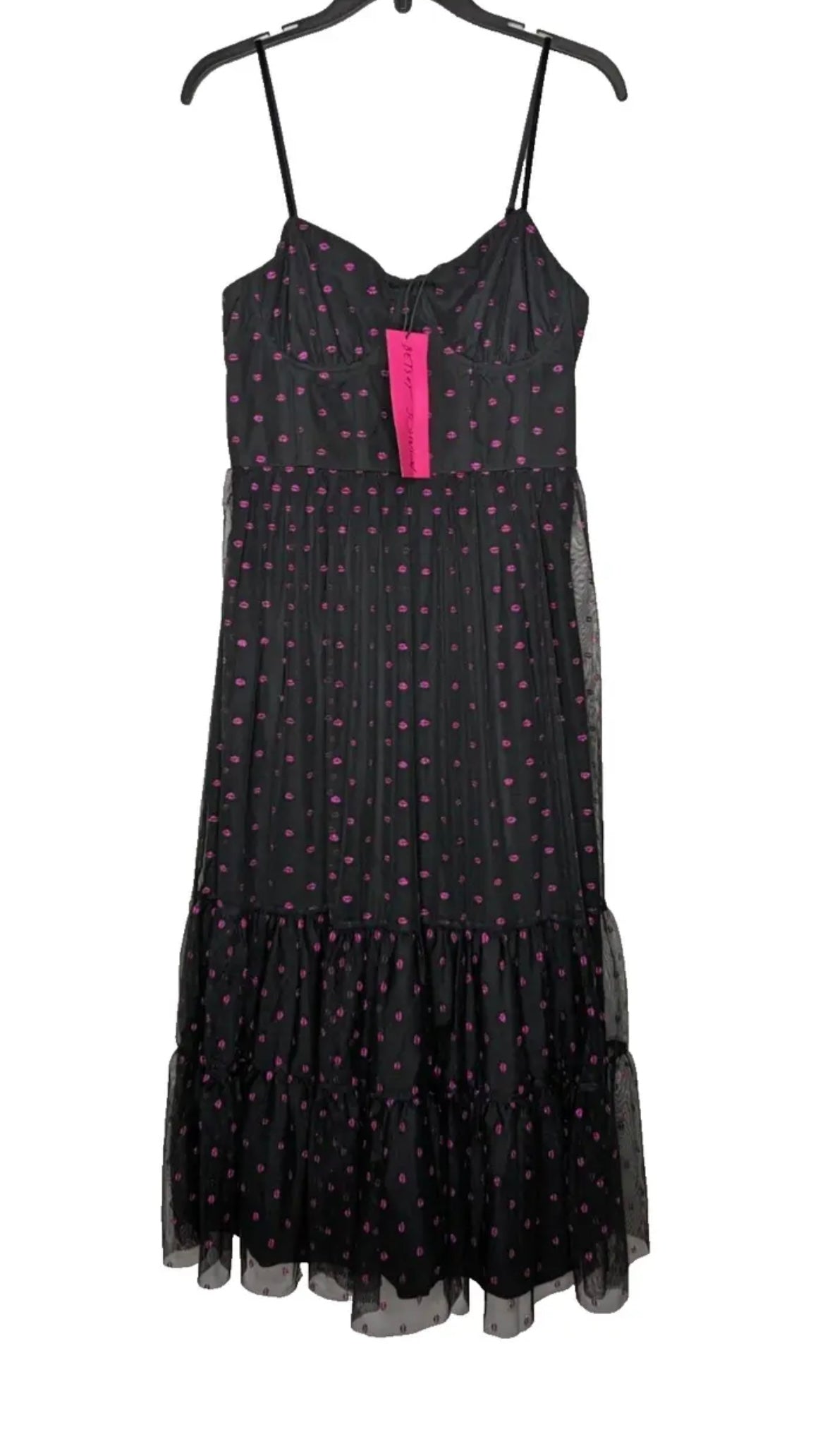 Betsey Johnson Women's Pink Lips Print Black Tulle Mesh Midi Dress US Size 4 Nwt