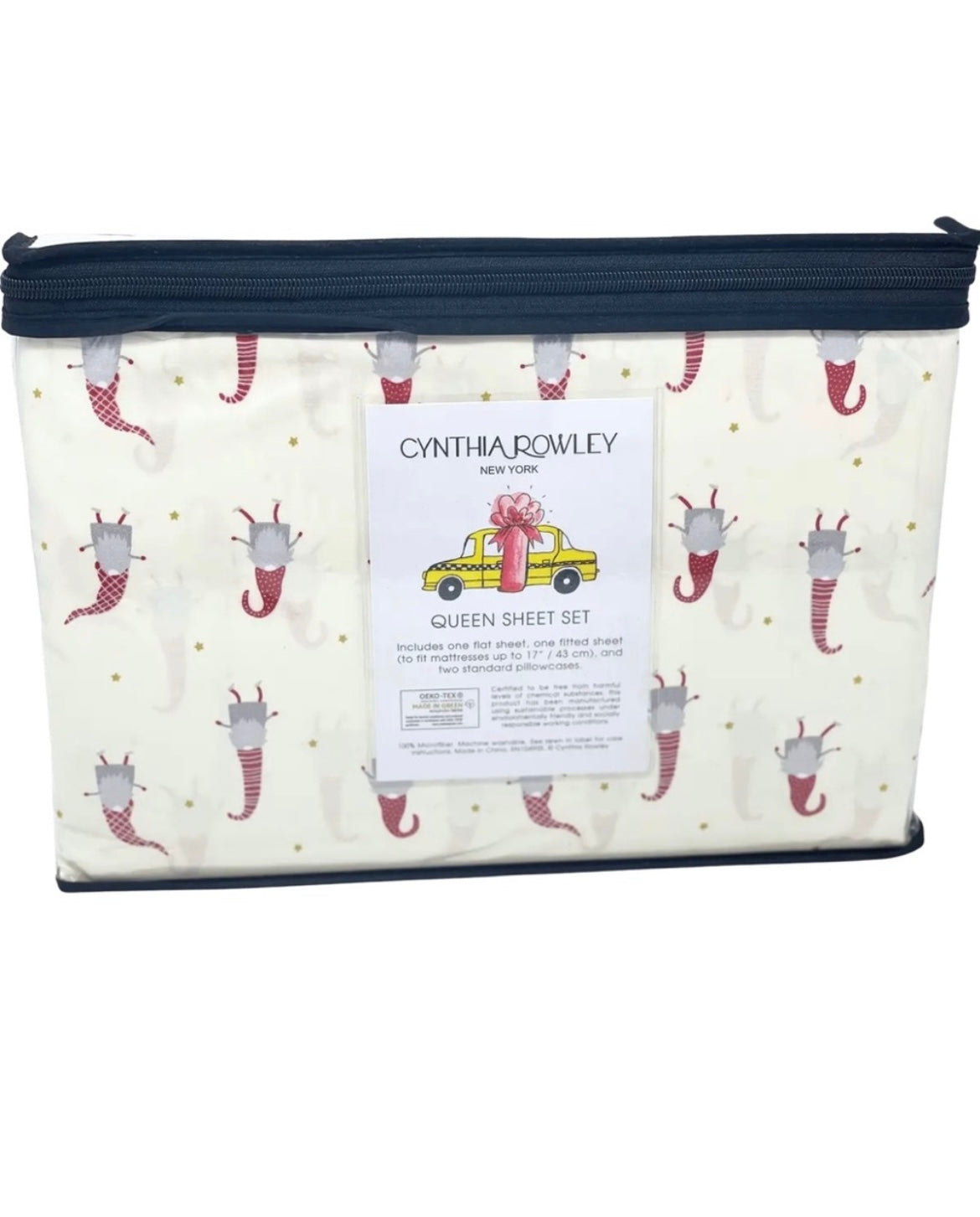 Cynthia Rowley Queen Christmas Happy Festive Gnomes Stars Designer Sheet set