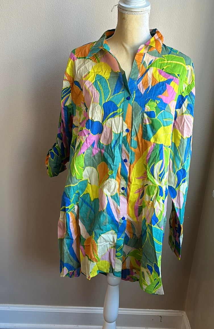 True Destinations Womens Colorful Swim Coverup Shirt New Cotton sz XL Floral