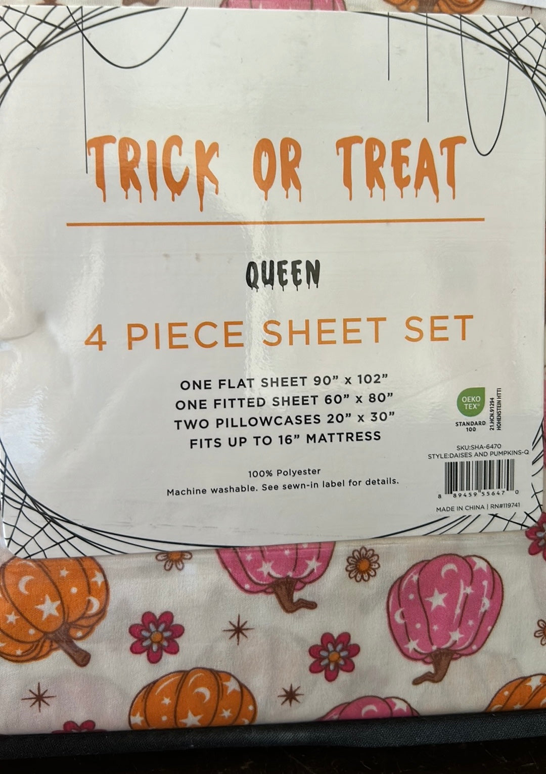 Trick Or Treat Sheet Set New Queen Pumpkins Orange Pink Halloween Floral