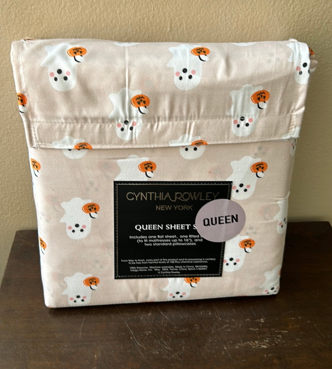 Cynthia Rowley Halloween Pink Ghost Pumpkin Jack O Lantern Queen Size Sheet Set