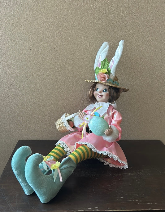 Cynthia Rowley Easter Elf Fairy Doll 16" Shelf Sitter Holding Flowers & Egg