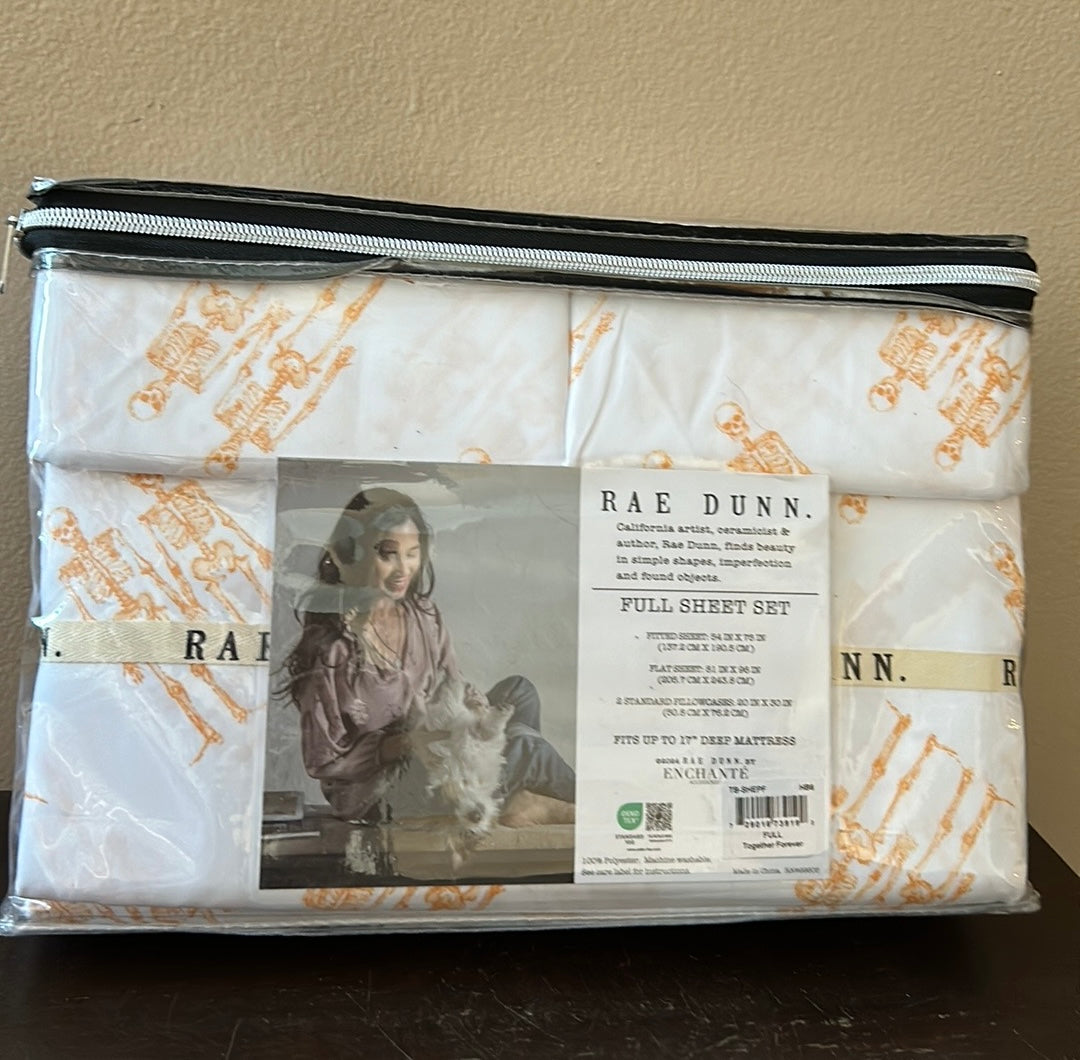 Rae Dunn Halloween Bed Sheet Set Pillow Cases orange  Skeletons New