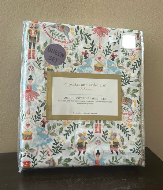 Cupcakes & Cashmere Queen Sheet Set New Christmas Ballerina Nutcrackers Holly