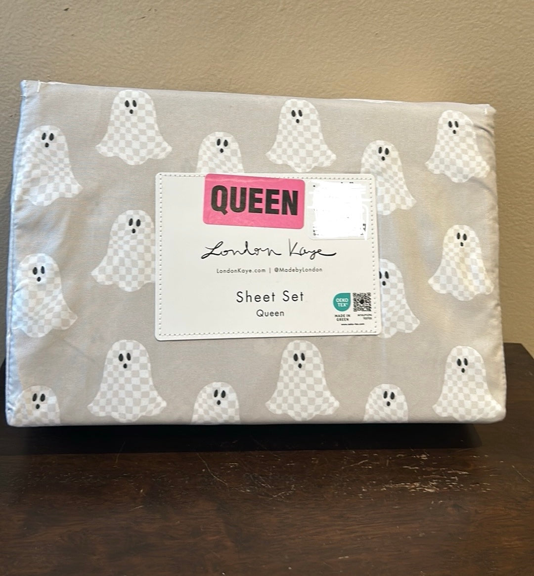 London Kaye Checkered Ghost Halloween 4pc Queen Sheet Set NEW