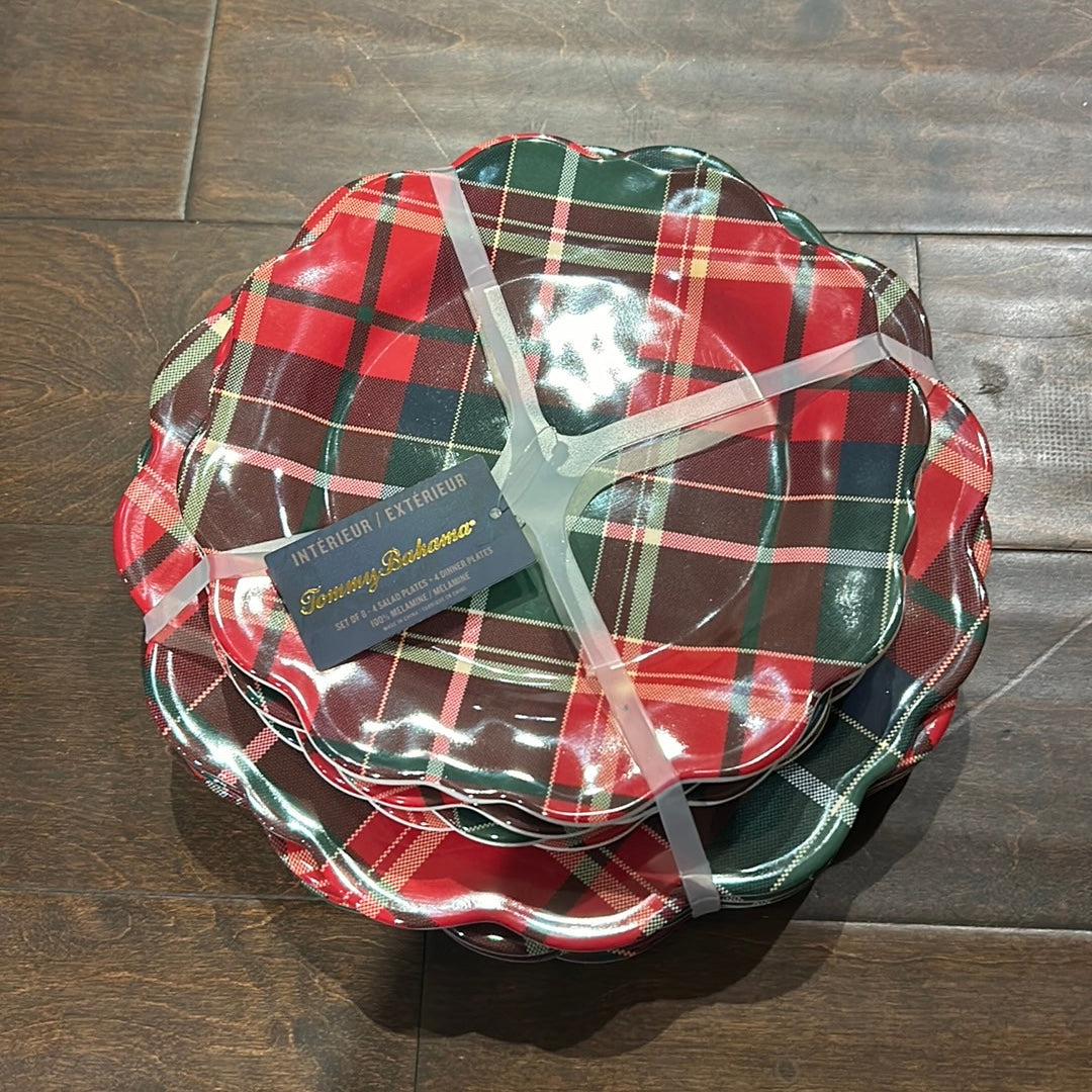 Tommy Bahama 8 Piece Red Tartan Plaid Christmas Salad/Dinner Scalloped Plate Set