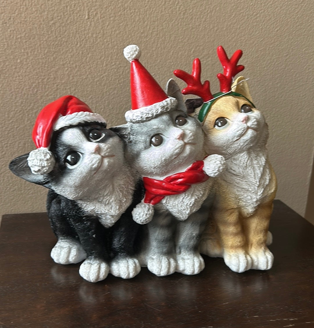 Set Of 3 Christmas Cats With Santa Hats New Holiday Figurine 9” Tall