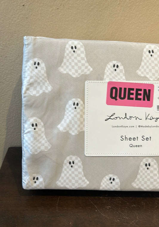 London Kaye Checkered Ghost Halloween 4pc Queen Sheet Set NEW