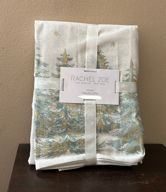 Rachel Zoe Tablecloth Christmas Oblong New Evergreen Trees ShimmeryGold