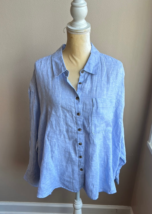 Jones New York Women Plus 2X Linen Blouse Top Rolled Cuff Sleeve Nwt Blue