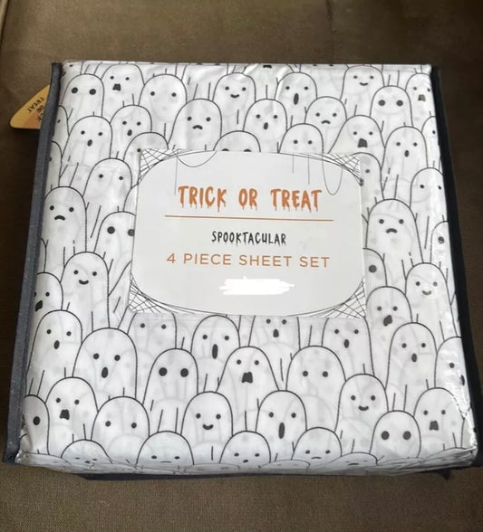 Halloween Trick or Treat Ghost King  Size Sheet Set NEW Black White