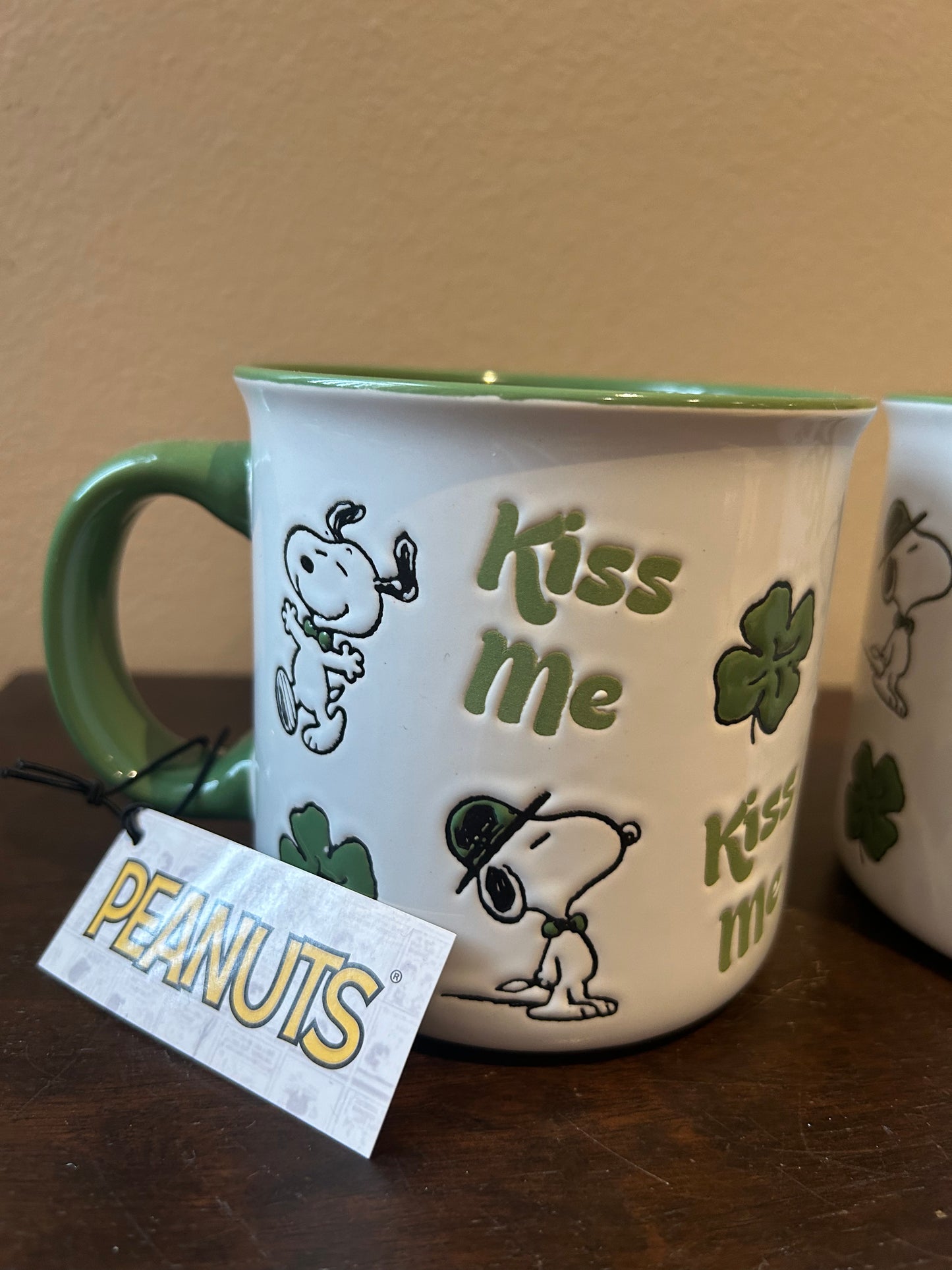 Set Of 2 Peanuts Snoopy St Patrick's Day Mugs New Clover Kiss Me