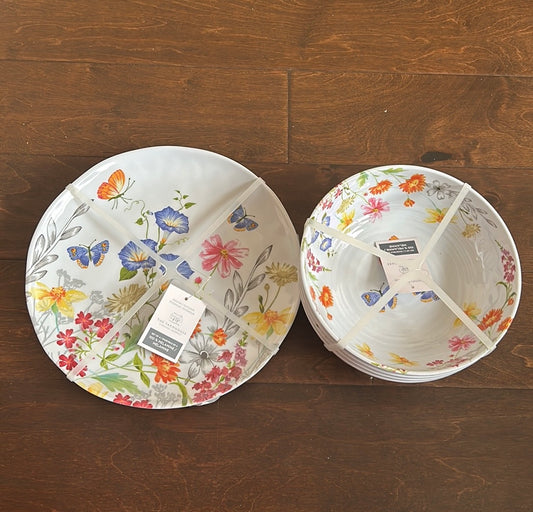 Rachel Ashwell Melamine 4 Dinner Plates 4 Salad Bowls Wildflower Butterflies New